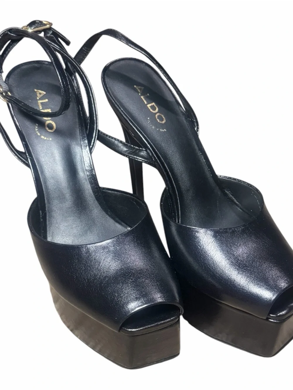 ALDO Black Thalina Leather Platform Stiletto Peep-Toe Heel with Ankle Strap